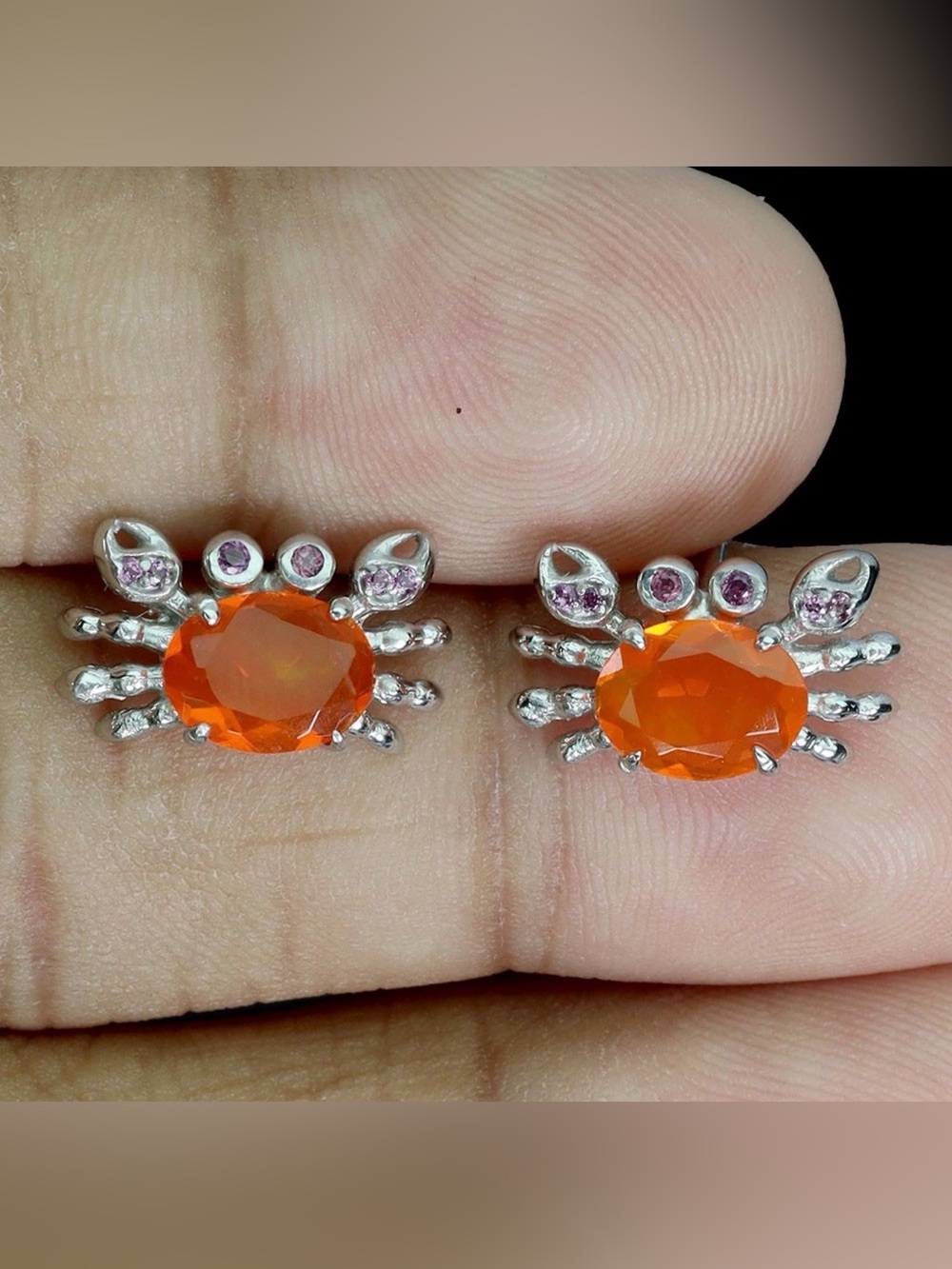 Stunning Natural Orange Fire Opal 8x6mm Crab 925 Sterling Silver Earrings - Picture 5 of 11